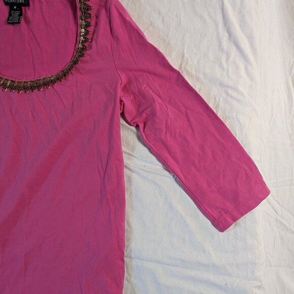 JONES NEW YORK SIGNATURE WOMEN'S PULL OVER PINK SHIRT SIZE MEDIUM NECK BLING TOP - Picture 7 of 16